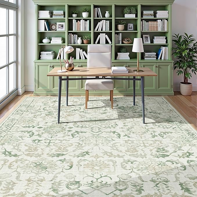 Deerly Green Area Rugs 9x12 for Living Room Soft Non-Slip, Large Bedroom Rug Vintage Dining Room Rug Tribal Farmhouse Carpet for Dining Room Office Green