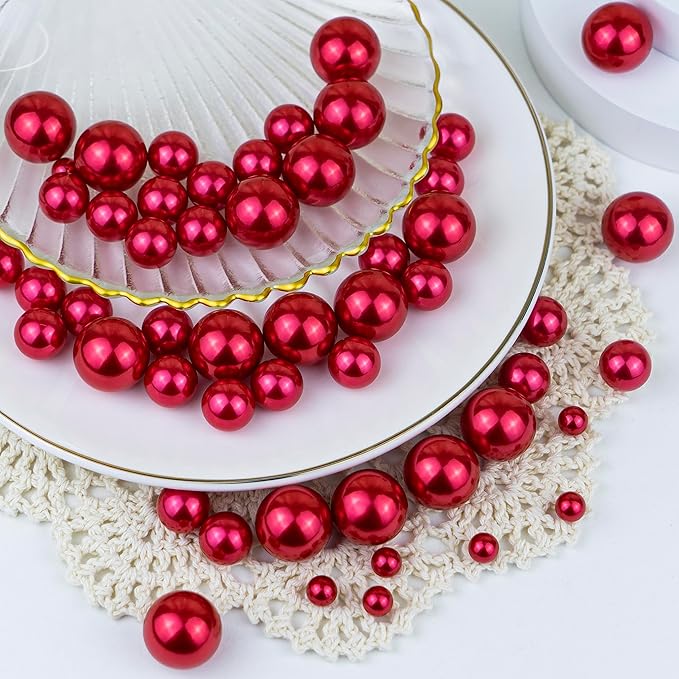 150Pcs Red Polished No Hole Faux Pearl Beads for Vase Filling Decorations, Plastic Pearls Vase Fillers, Table Scatters, Wedding Centerpiece, Home Decor, 8/14/20 mm