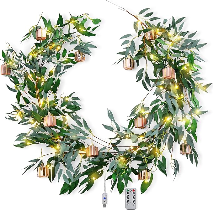 Artificial Willow Garland with USB Fairy String Lights & Pink Gift Box Ornaments – 2-Pack Lighted Greenery Vine, with Remote for Mantels, Weddings, Fireplace, Holidays, Parties & Everyday Home Decor