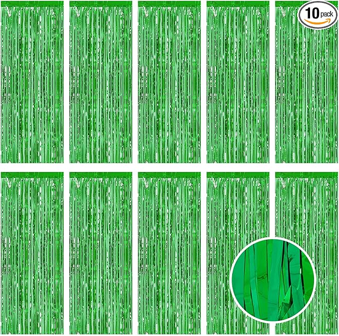 10 Pack Green Foil Curtain Backdrop 3.2ft x 9.8ft Metallic Tinsel Foil Fringe Curtains Streamer Photo Booth Backdrop for Birthday Party Engagement Bachelorette Party Decorations (Green)