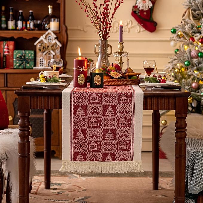 Table Runners 95 Inches,Christmas Tree Table Runner with Tassel Fringe,Gift Table Runner for Party，Coffee Table, Festival