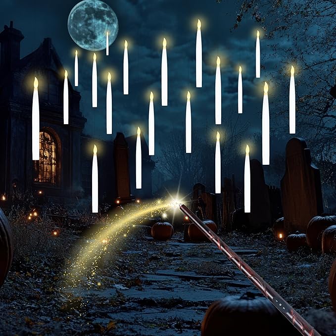 JOYIN 20Pcs Halloween Floating Candles with Wand Remote Flickering Warm Light Taper Magic Hanging Candles with 2 Light Mode and Timer Flameless LED Candle for Halloween Window Decorations Party Gift