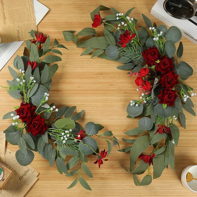 H&W 2pcs Artificial Wedding Arch Flowers for Wedding Sign, Floral Swag Dusty Decor for Reception Ceremony Backdrop Sweetheart Table （Red Rose）