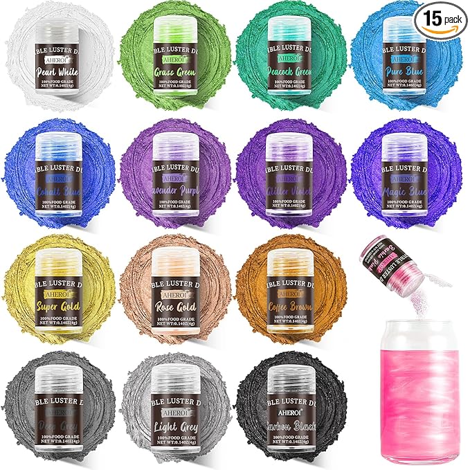 Aheroi Edible glitter Set of 15, Food Grade Edible Powder ocktail Glitter Shimmering Glitter for Drinks, Luster Dust Sprinkles Powder Glitter for Fondant Cake Decorating(4g/0.14oz)