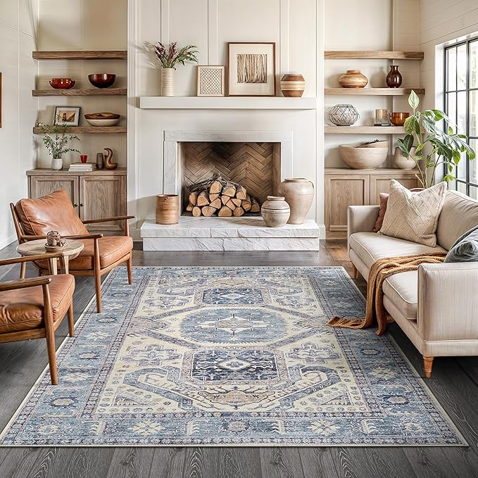 Bloom Rugs Washable Non-Slip 6' x 9' Rug - Blue/Beige Traditional Oriental Area Rug for Living Room, Bedroom, Dining Room, and Kitchen - Exact Size: 6' x 9'