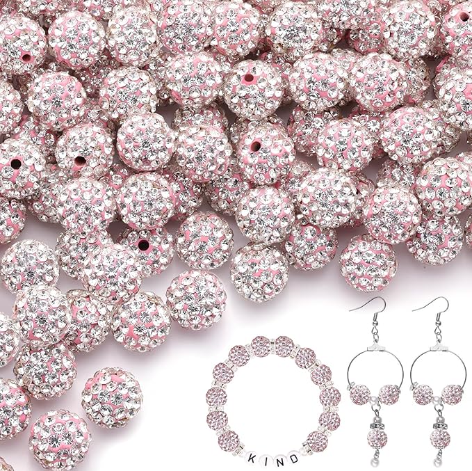 200pcs 10mm Pink White Rhinestone Beads for Jewelry Making, Shiny Round Shamballa Disco Ball Beads Bulk, Sparkle Crystal Clay Christmas for Bracelet Baseball Necklace Earring Crafting and DIY