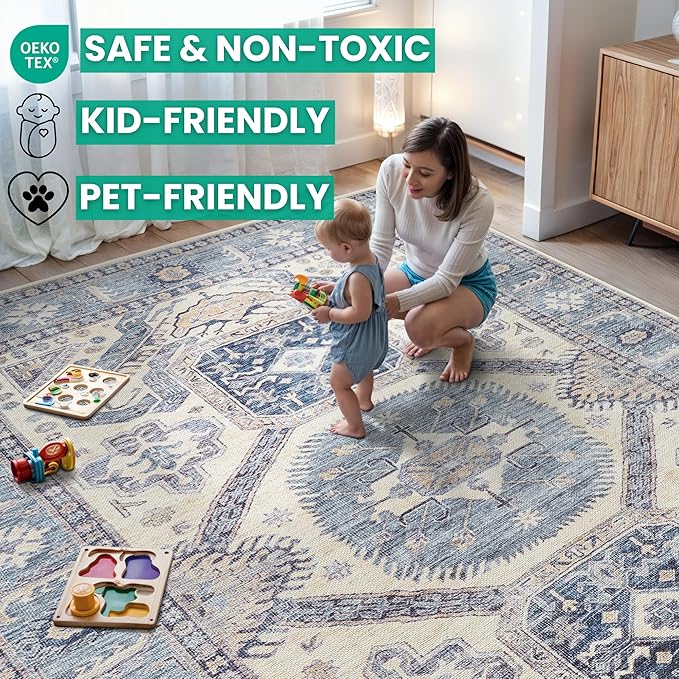 Bloom Rugs Washable Non-Slip 6' x 9' Rug - Blue/Beige Traditional Oriental Area Rug for Living Room, Bedroom, Dining Room, and Kitchen - Exact Size: 6' x 9'
