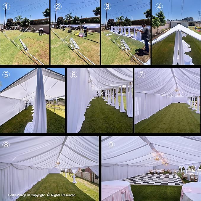 PartyVillage 60ftx40ft White Ceiling Curtain for Wedding Parties – 12 Panels Wrinkle-Free 40 FT Long Tent Draping Curtains for Wedding, Birthday & Theme Parties, 40ft Height with Rod Pocket