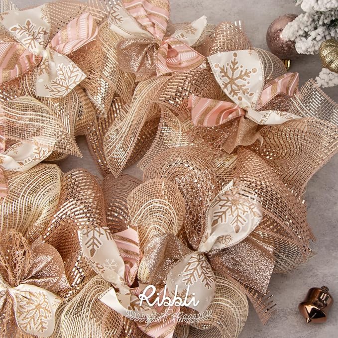 Ribbli 2 Rolls Rose Gold Metallic Mesh Ribbon 10 inch x 30 feet(10Yard), Ivory with Rose Gold Foil and Ivory Thread,Christmas Ribbon for Wreath Swags Wedding Garland and Christmas Tree