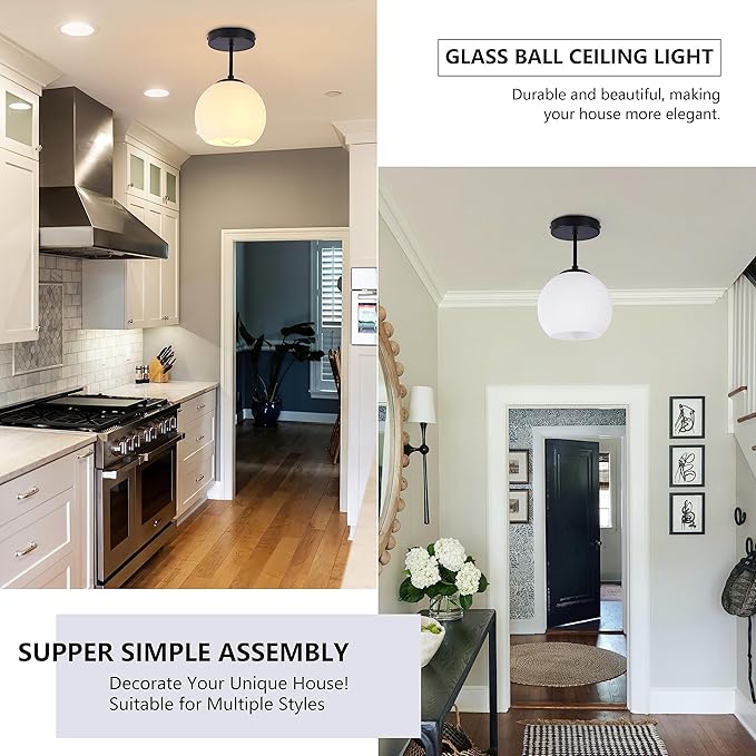 Black Semi Flush Mount Ceiling Light Fixture Milk Glass Light Fixture Mid Century Flush Mount Ceiling Light Black Flush Mount Ceiling Light Schoolhouse Light Fixture for Dining Room(Bulb Incl.)