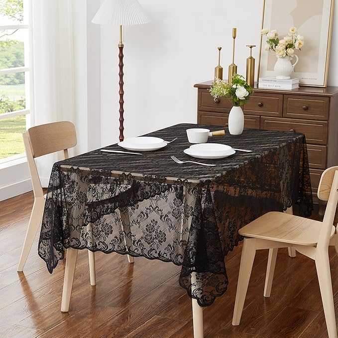 LinenZone Black Rectangle Tablecloth for Rustic Vintage Decor. Sheer Lace Tablecloth Works Great As Wedding Tablecloth, Thanksgiving Tablecloth or Baby Shower Tablecloth (Mia TC 54 x 72, Black)