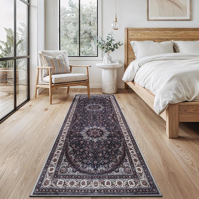 Bloom Rugs Washable Non-Slip 10 ft Runner - Navy Traditional Medallion Runner for Entryway, Hallway, Bathroom, and Kitchen - Exact Size: 2.5' x 10'