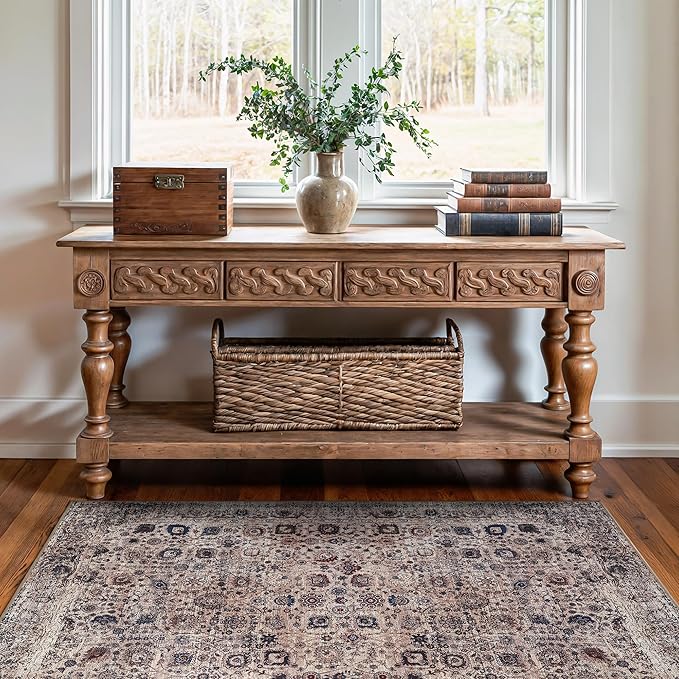 Bloom Rugs Washable Non-Slip 3' x 5' Rug - Light Tan/Blue Traditional Oriental Area Rug for Living Room, Bedroom, Dining Room, and Kitchen - Exact Size: 3' x 5'
