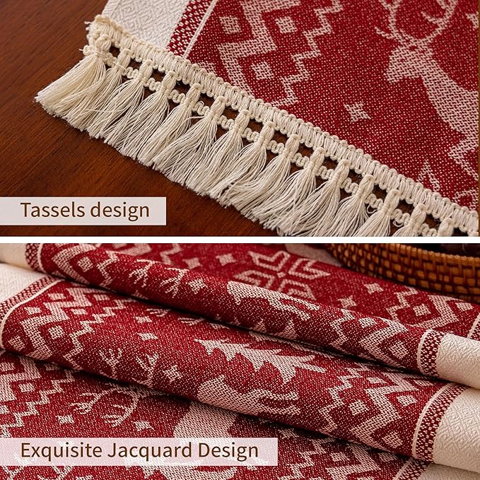 Table Runners 72 Inches,Elk Table Runner with Tassel Fringe,Christmas Table Runner for Party，Coffee Table, Festival