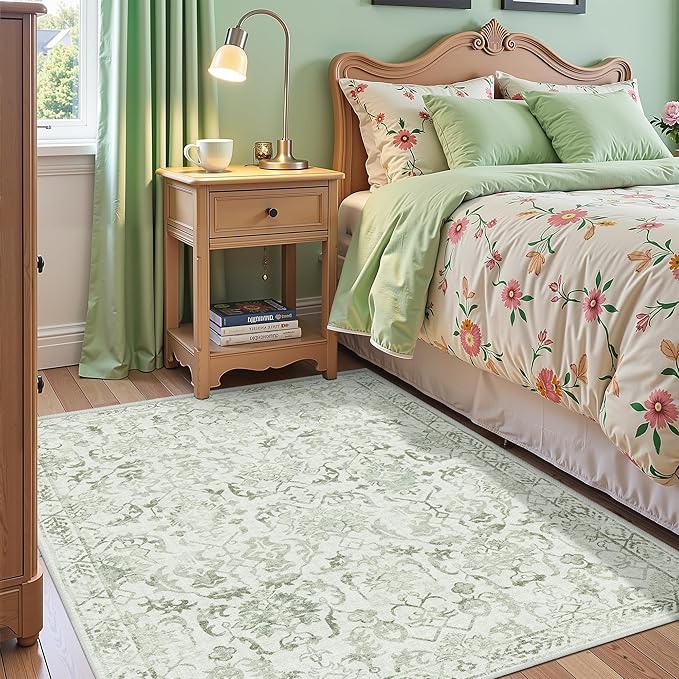 Sage Vintage Area Rug 4x6 for Living Room Bedroom, Washable Distressed Farmhouse Soft Thin Non-Shedding Indoor Throw Rug, Traditional Accent Carpet for Bedroom Office