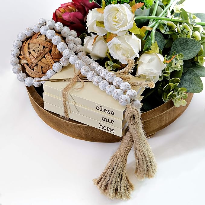 Farmhouse Wood Bead Garland Set of 2 with Tassels - Decorative Home Boho Beads