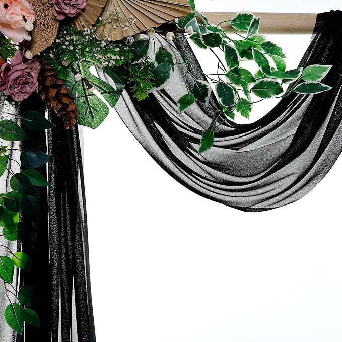 VDS Pack of 2 Panel (30 Inch X 30 Feet) Wedding Arch Draping Fabric Sheer Chiffon Fabric Drapery for Wedding Ceremony Reception Swag Backdrop Canopy Chuppah ARBO Altars Decoration (Black)