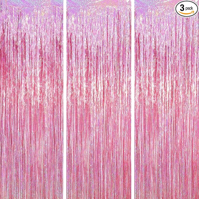 3 Pack 3.3 x 6.6 ft Pink Foil Fringe Backdrop Curtains, Tinsel Streamers Party Decorations, Fringe Backdrop for Birthday, Baby Shower, Gender Reveal, Graduation