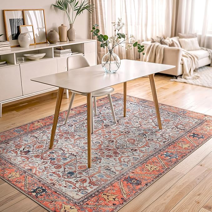 Bloom Rugs Washable Non-Slip 5' x 7' Rug - Orange Traditional Bordered Area Rug for Living Room, Bedroom, Dining Room, and Kitchen - Exact Size: 5' x 7'