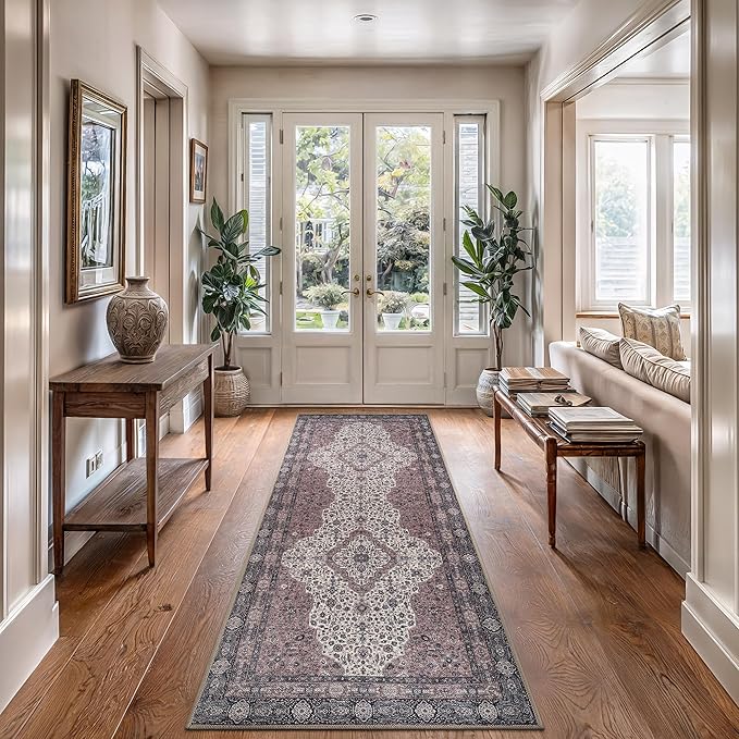 Bloom Rugs Washable Non-Slip 12 ft Runner - Cream/Green Traditional Medallion Runner for Entryway, Hallway, Bathroom, and Kitchen - Exact Size: 2.5' x 12'