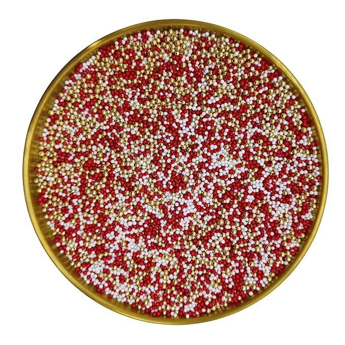 Edible Red & White & Super Gold Pearl Sugar Sprinkles Candy 2mm Mini Pearls Cake Decorations Cupcake Toppers Cookie Decorating Perfect for Wedding Party Valentine Halloween Christmas Supplies 3OZ