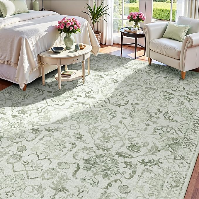 Sage Neutral Large Area Rug 9x12 for Living Room, Washable Rug for Dining Room Bedroom, Anti-Slip Low-Pile and Soft Accent Rug Farmhouse Office Home Decor Light Green