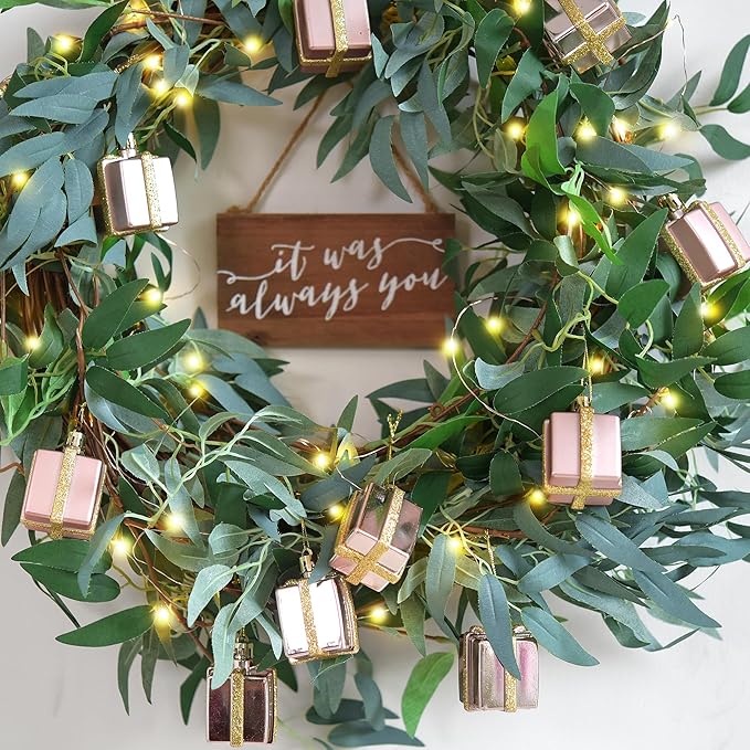 Artificial Willow Garland with Battery String Lights & Pink Gift Box Ornaments – 2-Pack Lighted Greenery Vine, with Remote for Mantels, Weddings, Fireplace, Holidays, Parties & Everyday Home Decor