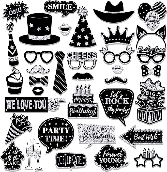 36 PCS Birthday Photo Booth Props Party Supplies Holiday Picture Decorations Photo Booth Props for Birthday Party Favors Pose Sign Kit Fun for Party (Silver and Black)