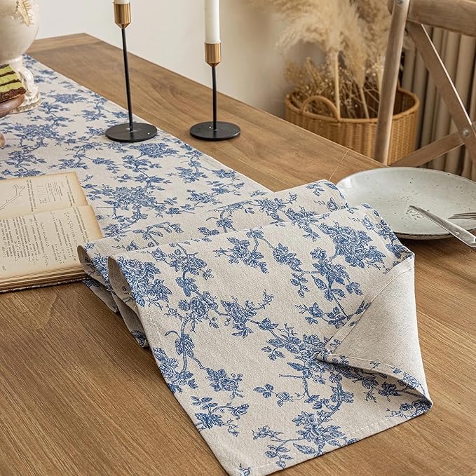 Pastoral Table Runner - 14 x 72 Inch Rectangle - Beige Linen - Washable Tabletop with Dust-Proof Wrinkle Resistant for Restaurant, Picnic, Indoor and Outdoor Dining, Floral (Dark Blue)
