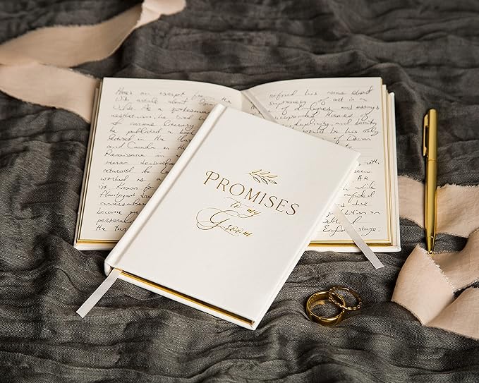MUUJEE Promises To My Groom and Promises to My Bride Wedding Vow Books (Set of 2) - White Gold Foil Embossed Notebook Journal for Wedding Ceremony Vow Renewal - Wedding Gift Ideas