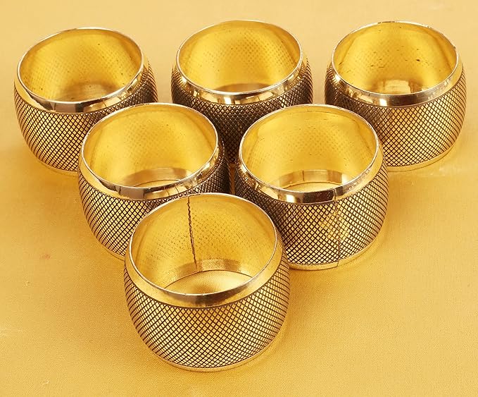 Brass Base Artistic Handcrafted Beautiful Tyre Round Shape Large Size Party Dining Table Napkin Holders in Antique Gold Tone. (Set of 6).