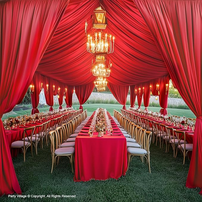 PartyVillage 50ftx40ft Red Ceiling Curtain for Wedding Parties – 10 Panels Wrinkle-Free 40 FT Long Tent Draping Curtains for Wedding, Birthday & Theme Parties, 40ft Height with Rod Pocket