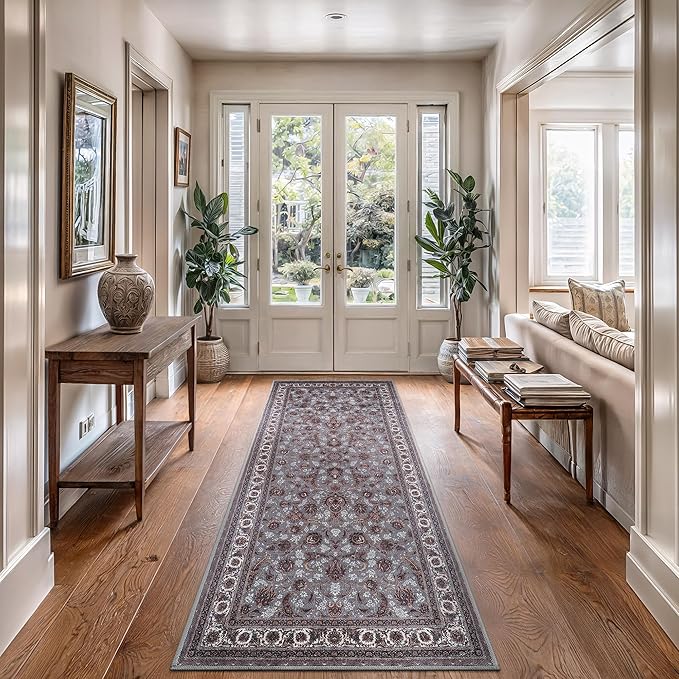 Bloom Rugs Washable Non-Slip 7 ft Runner - Slate Gray Traditional Oriental Runner for Entryway, Hallway, Bathroom, and Kitchen - Exact Size: 2.5' x 7'