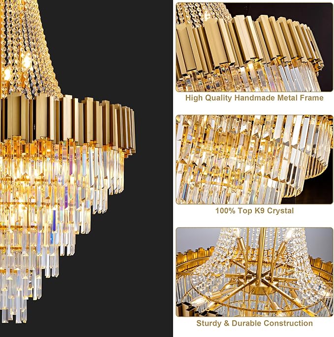 54" Luxury Long Crystal Chandelier for High Ceilings, 21-Light Modern Gold Large Chandeliers for Staircase, Foyer, Entryway, Living Room, Hallway, Contemporary K9 Crystal Tiered Chandelier