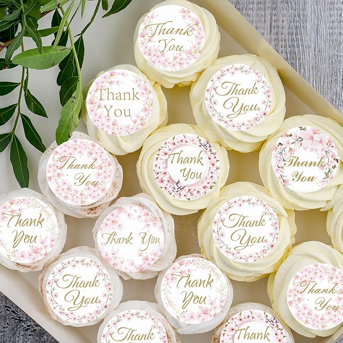 36PCS Edible Cherry Blossoms Thank You Cupcake Toppers Pink Edible Cherry Flowers Cake Decor Wafer Paper Thank You Cupcake Topper for Flowers Theme Baby Shower Birthday Party Decor Supplies