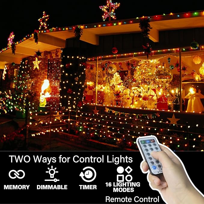 LAMPHOME 66ft Christmas Decorative Mini Lights, 200 LED Transparent Wire Fairy Starry String Lights Plug in, 12 Lighting Modes for Outdoor Xmas Tree Wedding Party Decoration (Warm and Multicolor)