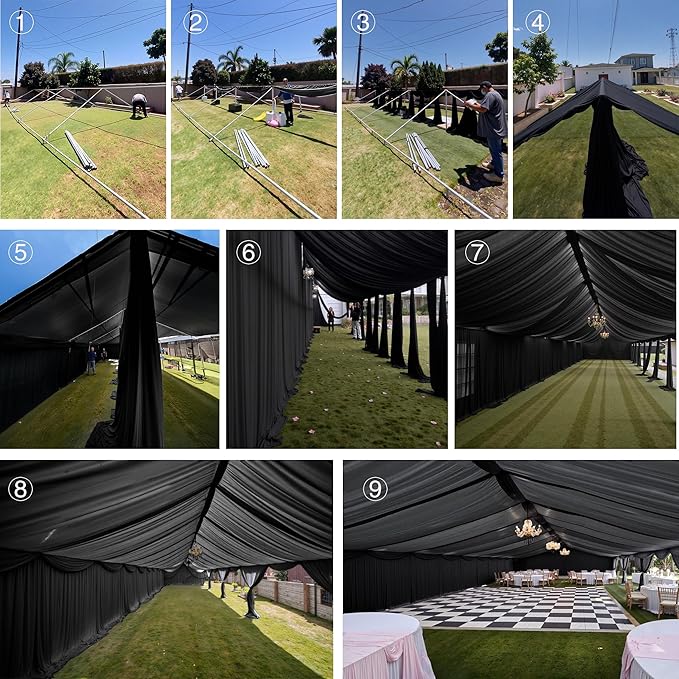 PartyVillage 50ftx40ft Black Ceiling Curtain for Halloween Parties – 10 Panels Wrinkle-Free 40 FT Long Tent Draping Curtains for Wedding, Birthday & Theme Parties, 40ft Height with Rod Pocket
