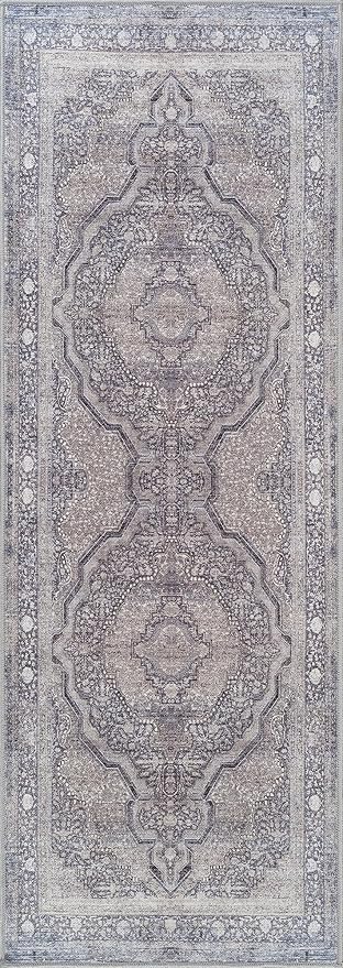 Bloom Rugs Washable Non-Slip 12 ft Runner - Blue/Steel Gray/Beige Traditional Medallion Runner for Entryway, Hallway, Bathroom, and Kitchen - Exact Size: 2.5' x 12'