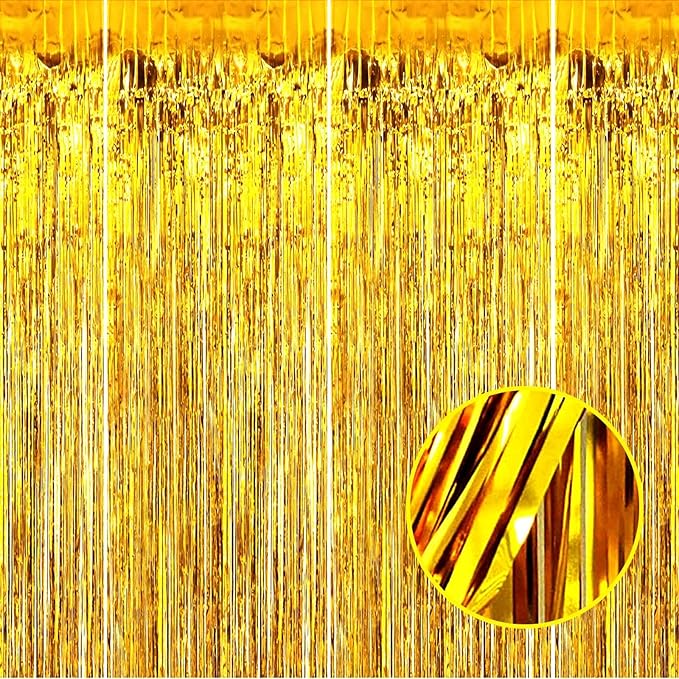 4 Pack Gold Foil Fringe Curtain Backdrop, 3.28Ft x 8.2Ft Metallic Tinsel Foil Fringe Streamer Curtains for Photo Booth Props, Birthday, Wedding, New Year’s, Christmas Decoration Party Supplies New