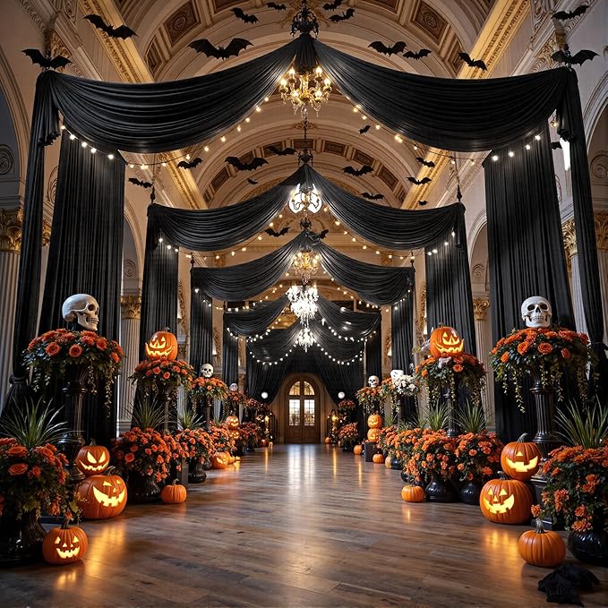 PartyVillage 20ftx40ft Black Ceiling Curtain for Halloween Parties – 4 Panels Wrinkle-Free 40 FT Long Tent Draping Curtains for Wedding, Birthday & Theme Parties, 40ft Height with Rod Pocket