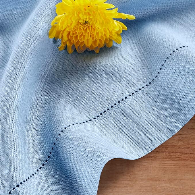 Solino Home Linen Cornflower Blue Table Runner 90 Inches Long - 100% Pure Linen Hemstitch 14 x 90 Inch Table Runner for Dining, Christmas, Holiday - Classic Hemstitch