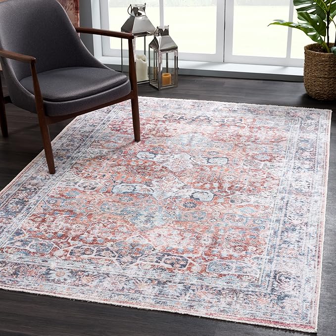 Bloom Rugs Caria Washable Non-Slip 8x10 Rug - Brick/Dark Blue Traditional Area Rug for Living Room, Bedroom, Dining Room, and Kitchen - Exact Size: 7'8" x 10'
