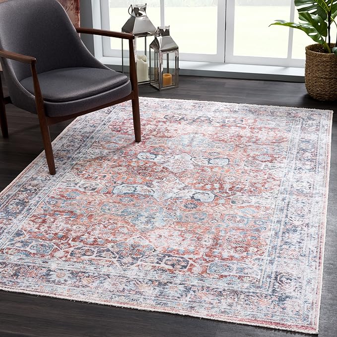 Bloom Rugs Caria Washable Non-Slip 5x7 Rug - Brick/Dark Blue Traditional Area Rug for Living Room, Bedroom, Dining Room, and Kitchen - Exact Size: 5' x 7'