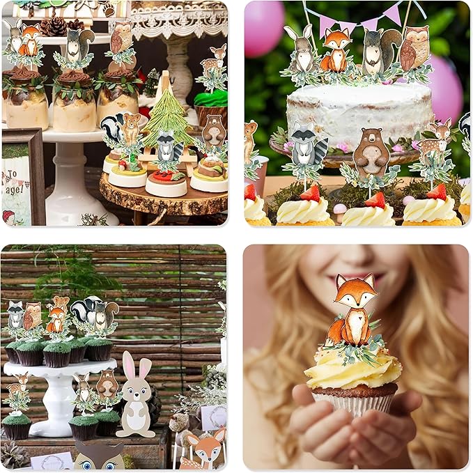 54-Piece Woodland Animal Cupcake Toppers – Neutral Forest Creatures Cake Picks for Baby Shower & Gender Reveal Party Decorations, Multicolor Fox, Deer, Owl & Bear Designs