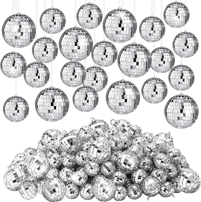 Funtery 100 Pcs Mirror Disco Balls Bulk Assorted Silver Hanging Disco Ball Decor for Home Wedding Birthday Dance Music 70 S Theme Party Christmas Tree Ornaments(1.2'', 2'')