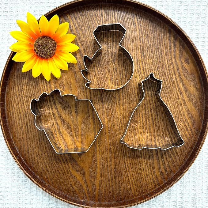 New Green Wedding Cookie Cutter Set-3 Pieces-Wedding Dress, Diamond Ring, Hexagon Cookie Cutter with Leaf-Dishwasher Safe Fondant Cookie Cutters