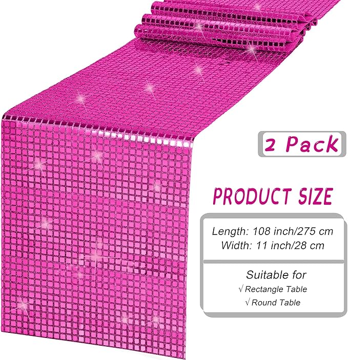 Durony 2 Pack Disco Table Runner 11 x 108 Inch Mirror Hot Pink Glitter Foil With Sparkle Sequin for Bachelorette, 70s, Cowgirl Party Decorations