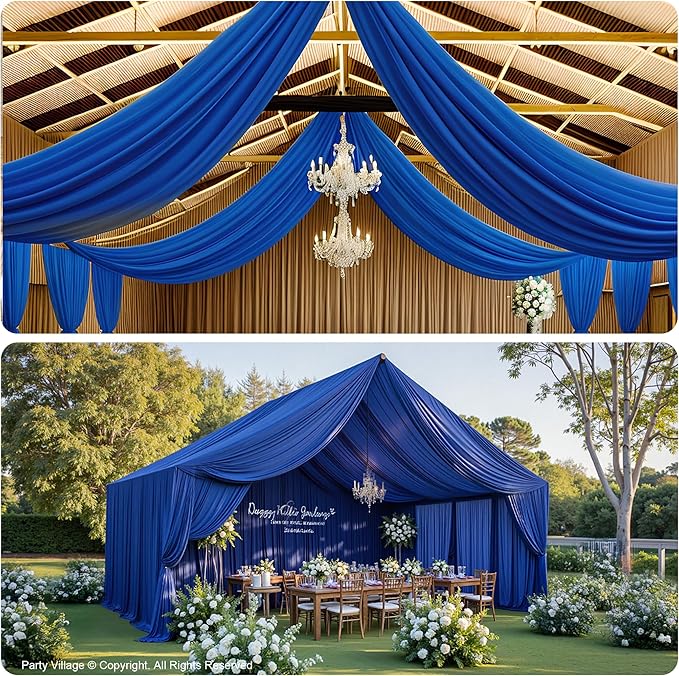 PartyVillage 10 Panels 5ftx30ft Royal Blue Ceiling Drapes for Wedding Parties – 30 FT Extra Long Thick Polyester Wrinkle-Free Drapery Tent Decor Decorations for Birthday Party Ceremony Stage Swag