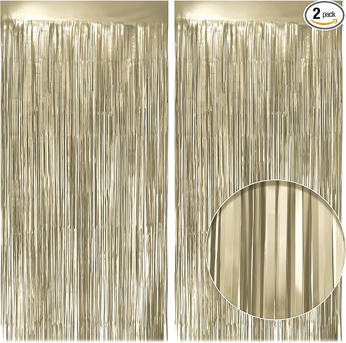 2 Pack Metallic Champagne Gold Fringe Backdrop, 3.2x8.2ft Shining Foil Tinsel Curtains, Birthday Party Decorations Door Streamers for Halloween, Christmas, Wedding, Graduation, Holiday, Theme Events