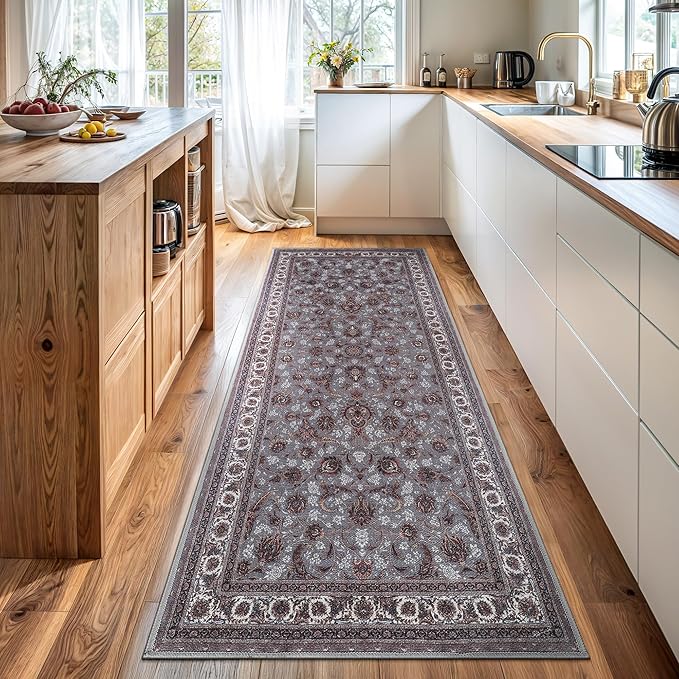 Bloom Rugs Washable Non-Slip 10 ft Runner - Slate Gray Traditional Oriental Runner for Entryway, Hallway, Bathroom, and Kitchen - Exact Size: 2.5' x 10'